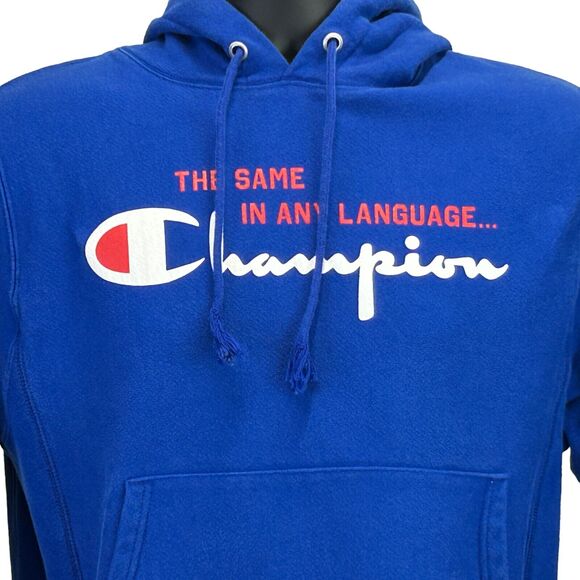 Champion Same In Any Language Hoodie Mens S Small Blue Hooded Sweatshirt Logo - Picture 8 of 10